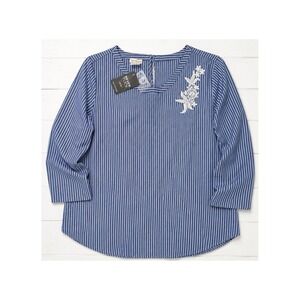 Van Heusen Never Tuck Blouse Blue White Striped Floral Lace Keyhole Nautical XXL